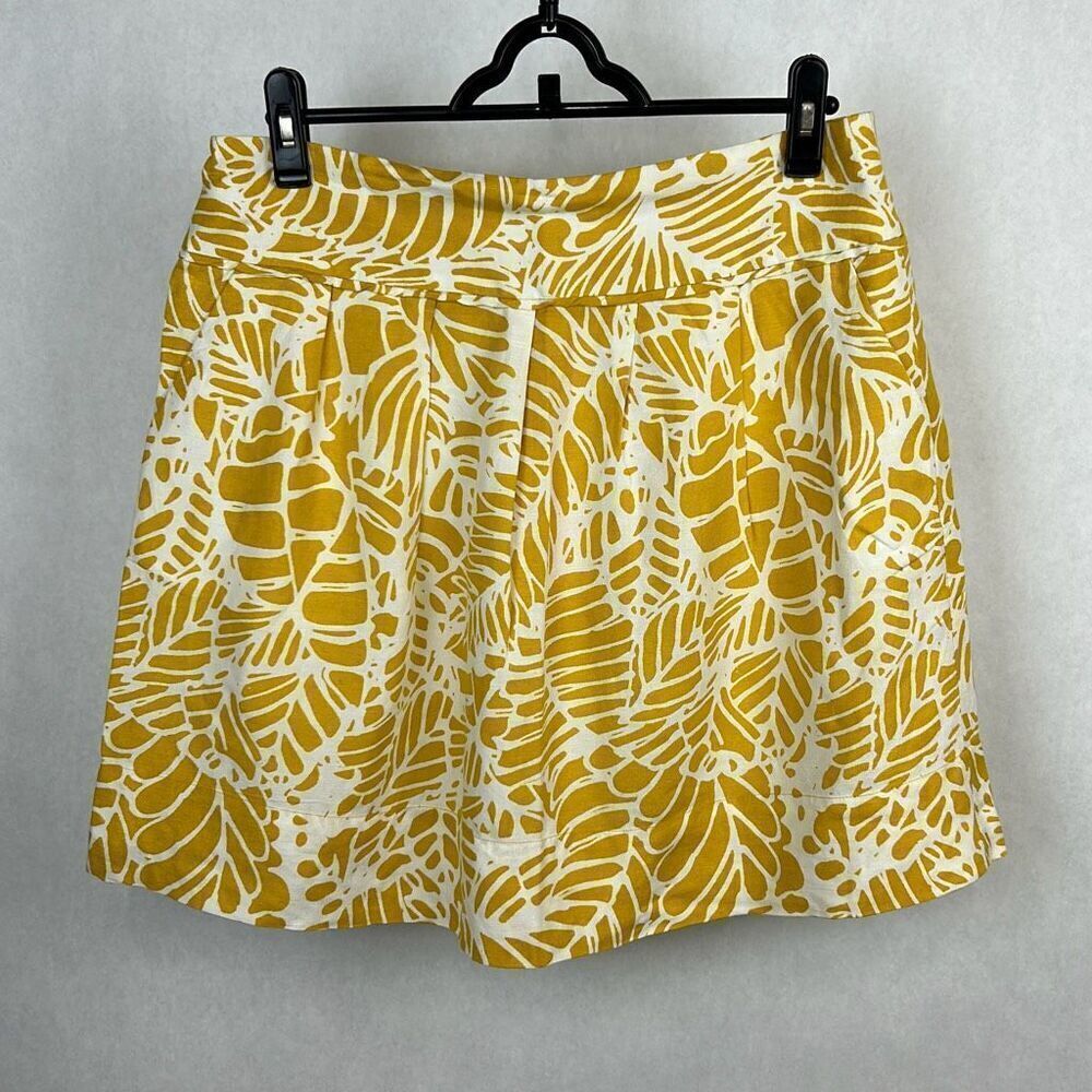 Loft Pleated Skirt Sz 10 Yellow Leaf Print Linen Blend Tropical Floral
